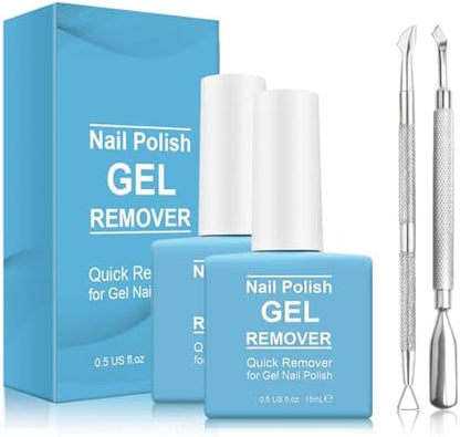 Two bottles of Tudiqe soak off remover sitting alongside the included stainless steel cuticle pusher and nail scraper tool