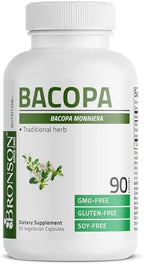 Side view of Bronson Bacopa 500 mg vegetarian capsules packaging detailing directions.