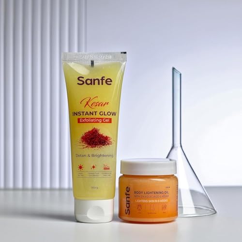 Sanfe Kesar peeling gel texture shot showing the lightweight consistency infused with real saffron threads