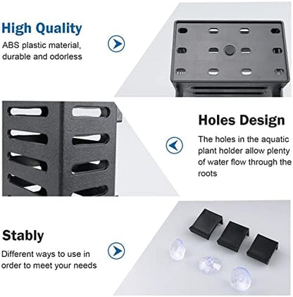 Aquascaping decoration accessories layout including hooks and suction cups.