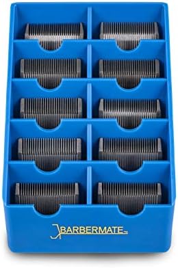 BarberMate twin pack blue clipper blade holder tray mounted on wall showing slot arrangement