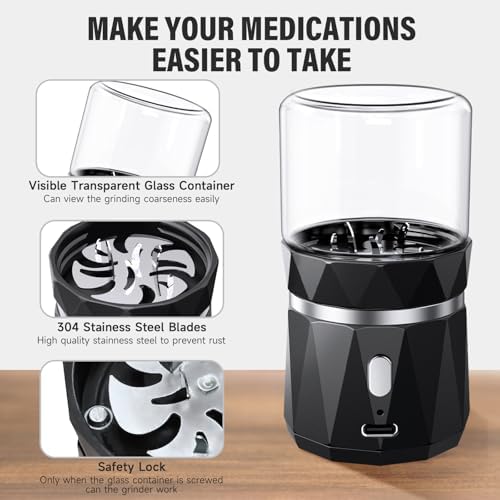 Feiorn electric medication pulverizer with stainless steel blades detached from the glass chamber for easy cleaning.