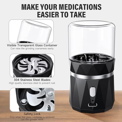 Feiorn electric medication pulverizer with stainless steel blades detached from the glass chamber for easy cleaning.