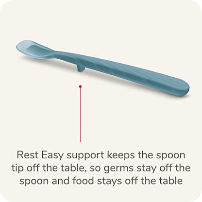Close-up of the spatula edge on the NUK weaning spoon designed for easy face wiping.
