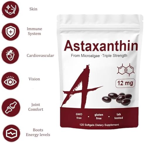 Side view of organic astaxanthin 120 softgels supplement highlighting the non-GMO and gluten-free premium formula label