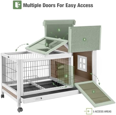 Wooden Rabbit Hutch Indoor and Outdoor, Rabbit Cage with Removable Wire Netting and Leak Proof Tray, Mobile Bunny Cage with Wheels (Brown) - Image 3