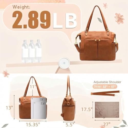 Close up of hardware and durable strap attachments on the brown leather diaper bag