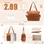 Close up of hardware and durable strap attachments on the brown leather diaper bag
