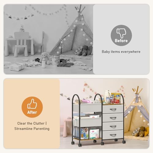 Detail of fabric drawers and shelves in baby caddy cart