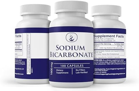 Pure Original Ingredients Sodium Bicarbonate 1600 milligrams supplement capsules close up details.