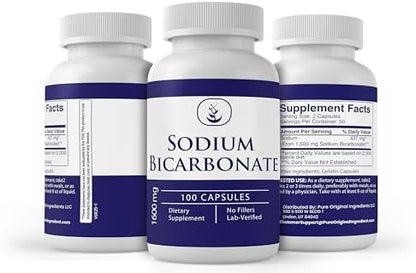 Pure Original Ingredients Sodium Bicarbonate 1600 milligrams supplement capsules close up details.