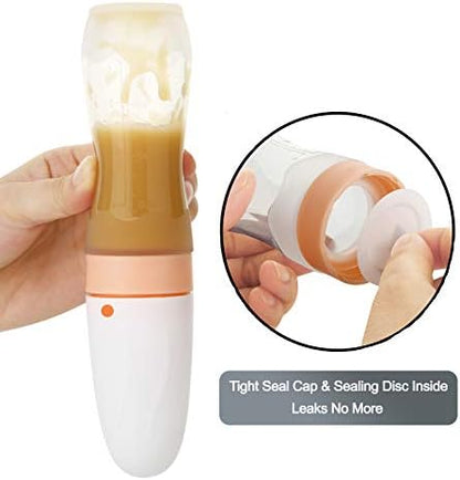 Two pack of blue travel friendly kids feeding squeeze bottles side by side