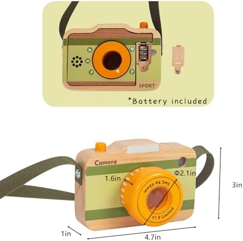 Miniature wooden camera play set showing the integrated light and sound electronic modules.
