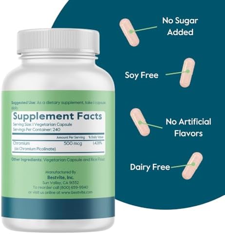 Side view of Bestvite Chromium Picolinate 240 vegetarian capsules highlighting USA manufacture seals