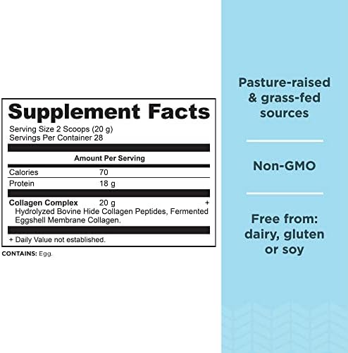 Ancient Nutrition Unflavored Hydrolyzed Collagen dietary supplement nutrition facts and 20g serving information label.