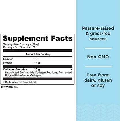 Ancient Nutrition Unflavored Hydrolyzed Collagen dietary supplement nutrition facts and 20g serving information label.