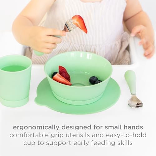 Full non toxic green Ubbi toddler feeding set arranged for a complete kid mealtime setup