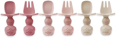 PandaEar infant training fork and spoon set in soft pink color variations for early stages.