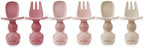 PandaEar infant training fork and spoon set in soft pink color variations for early stages.