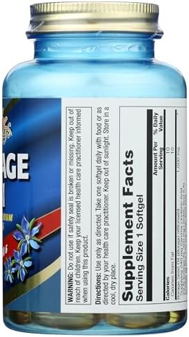USA imported Nature's Life borage seed oil UV protected blue bottle side profile detail.
