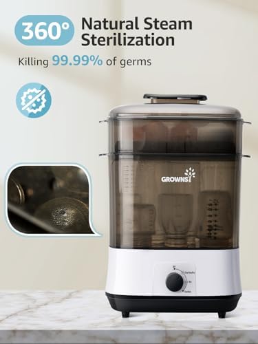 Grownsy baby bottle sanitizer unit with open lid and racks