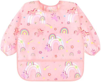 Accmor waterproof toddler smock bibs displaying cute unicorn and dinosaur patterns for mealtime protection.