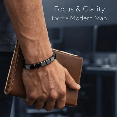 Model wearing the Hemios hematite beaded bracelet for a stylish masculine look.