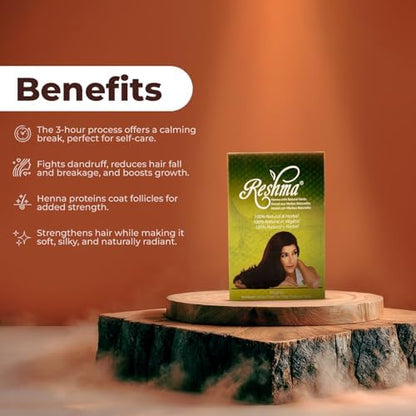 Premium Ayurvedic mehendi powder by Reshma Beauty for safe and chemical free root touch ups.