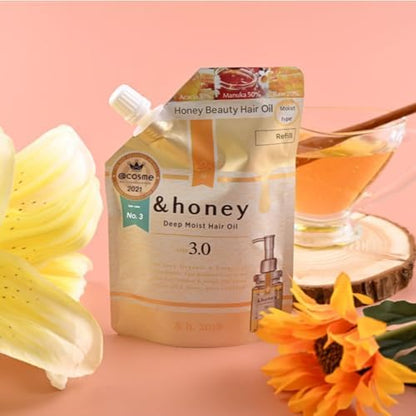 Back label of &honey Deep Moist 3.0 hair oil refill showcasing usage instructions.