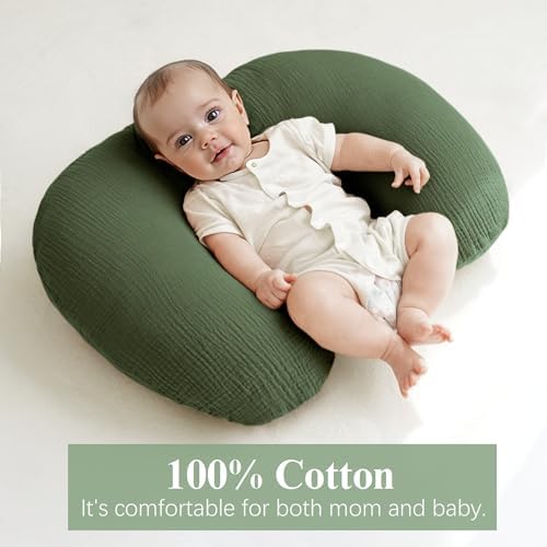 Close up of botanical green leaf print nursing pillow cover fabric