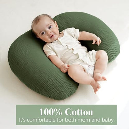 Close up of botanical green leaf print nursing pillow cover fabric
