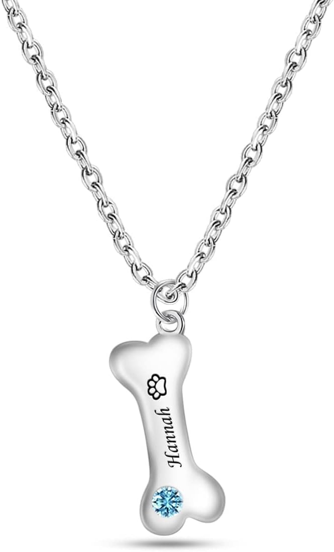 Custom Bone Necklace Engraved 1-5 Names Personalized Dog Pendant With Paw Print Birthstone for Dog Lovers - Image 11