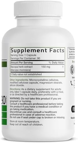 Back label of Bronson Bacopa capsules highlighting standardized bacosides ingredients list.