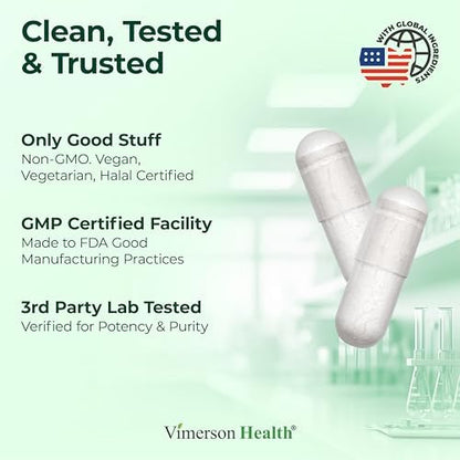 Supplement facts panel on Vimerson Health Selenium 100 capsules demonstrating pure plant-based ingredients.