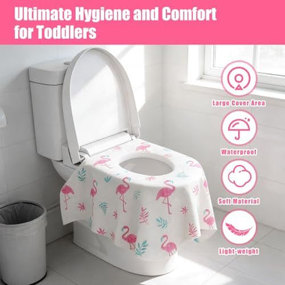 Extra large waterproof toddler potty training seat liner spread flat over a public restroom toilet