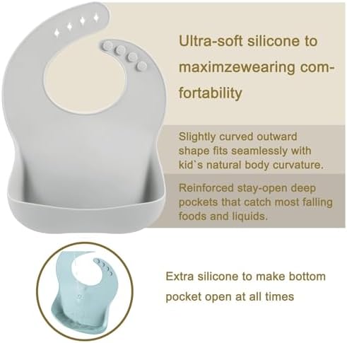 Close up of the wide open deep pocket on a unisex baby feeding bib catching food crumbs.