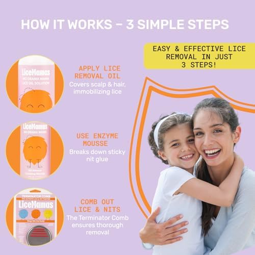 Lice Mamas non-toxic dimethicone oil and enzyme mousse bottles.