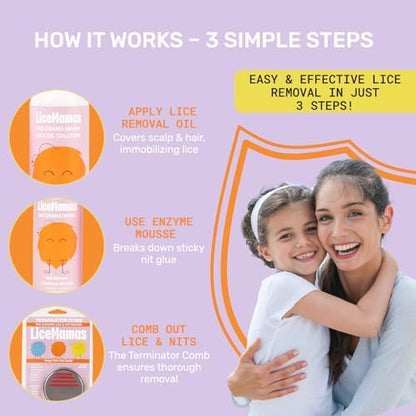 Lice Mamas non-toxic dimethicone oil and enzyme mousse bottles.
