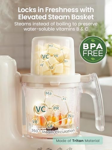 Grownsy baby food steamer and blender operating on a modern kitchen countertop.