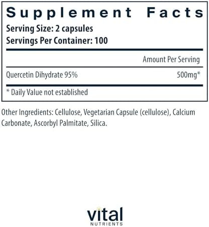 Vital Nutrients Quercetin 200 capsules supplement facts panel