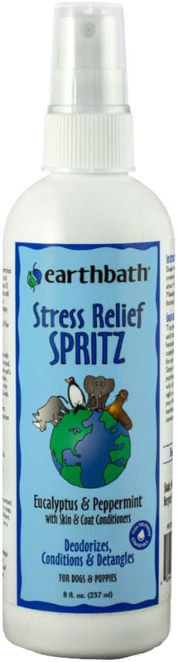 Earthbath deodorizing spritz next to pet grooming brush