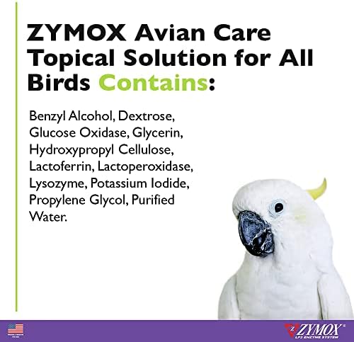 Steroid-free Zymox avian solution for treating wounds and bumblefoot in birds.
