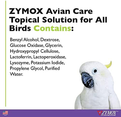 Steroid-free Zymox avian solution for treating wounds and bumblefoot in birds.