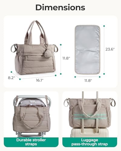 Side view of Bagsmart beige puffy diaper tote bag