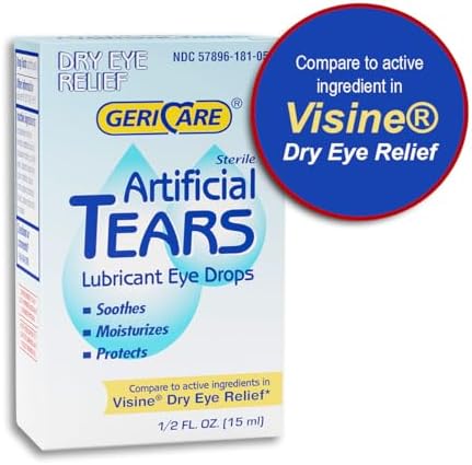 Side view of GeriCare Artificial Tears bottle showing usage instructions and warnings.