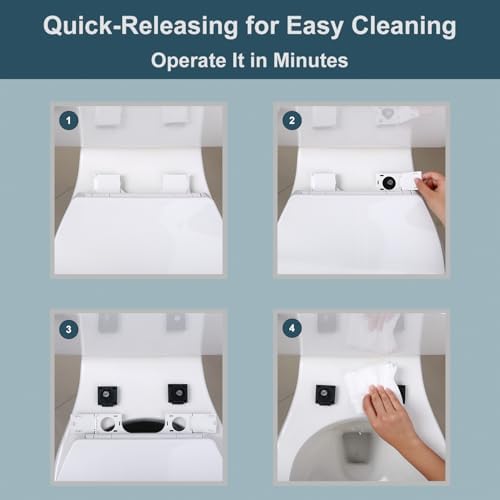 Demonstration of the quick-release hinge mechanism on the white elongated toilet seat for easy cleaning access.