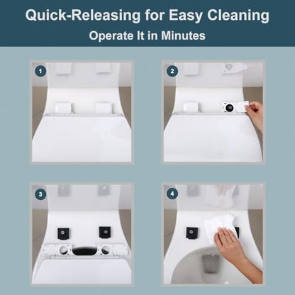 Demonstration of the quick-release hinge mechanism on the white elongated toilet seat for easy cleaning access.