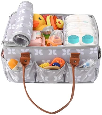 Close up of Moteph diaper caddy features including changing mat and side pockets
