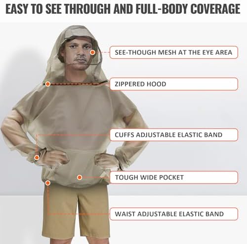 Man wearing beige mesh mosquito jacket for outdoor hiking
