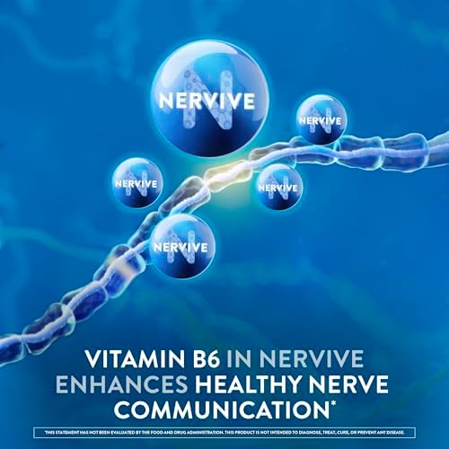 Nervive dietary supplement packaging illustrating the recommended dosage for reducing occasional nerve tingling.